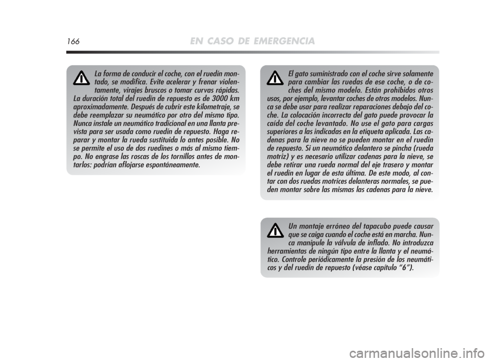 Alfa Romeo MiTo 2010  Manual de Empleo y Cuidado (in Spanish) 166EN CASO DE EMERGENCIA
El gato suministrado con el coche sirve solamente
para cambiar las ruedas de ese coche, o de co-
ches del mismo modelo. Están prohibidos otros
usos, por ejemplo, levantar coc
