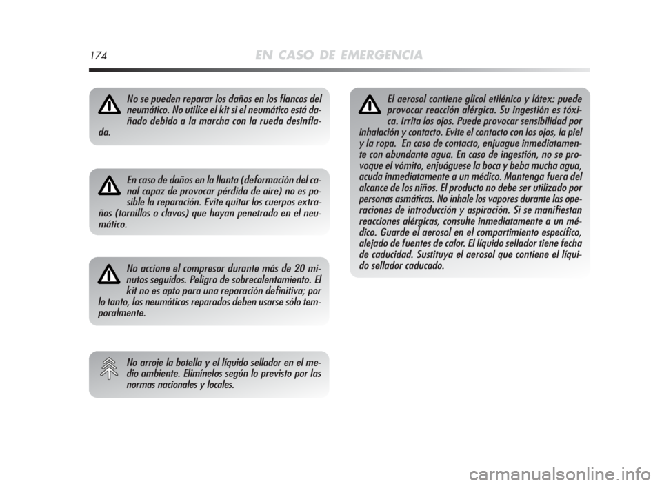 Alfa Romeo MiTo 2010  Manual de Empleo y Cuidado (in Spanish) 174EN CASO DE EMERGENCIA
No se pueden reparar los daños en los flancos del
neumático. No utilice el kit si el neumático está da-
ñado debido a la marcha con la rueda desinfla-
da.
En caso de dañ