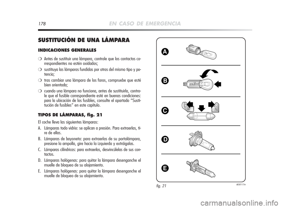 Alfa Romeo MiTo 2010  Manual de Empleo y Cuidado (in Spanish) 178EN CASO DE EMERGENCIA
SUSTITUCIÓNDEUNA LÁMPARA
INDICACIONES GENERALES
❍Antes de sustituir una lámpara, controle que los contactos co-
rrespondientes no estén oxidados;
❍sustituya las lámpa