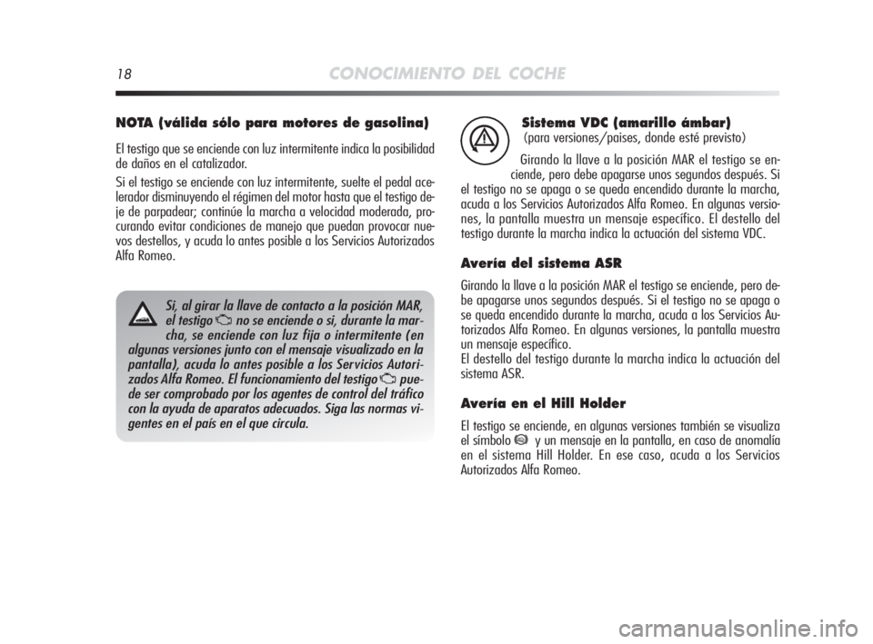 Alfa Romeo MiTo 2010  Manual de Empleo y Cuidado (in Spanish) 18CONOCIMIENTO DEL COCHE
Sistema VDC (amarillo ámbar)
(para versiones/paises, donde esté previsto)
Girando la llave a la posición MAR el testigo se en-
ciende, pero debe apagarse unos segundos desp
