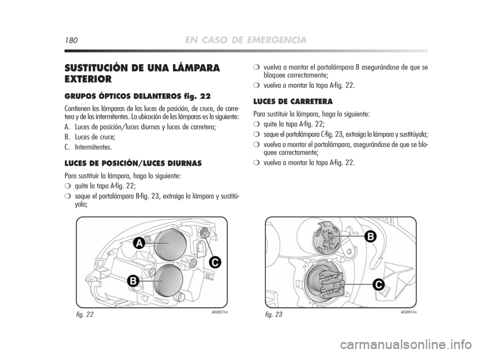 Alfa Romeo MiTo 2010  Manual de Empleo y Cuidado (in Spanish) 180EN CASO DE EMERGENCIA
SUSTITUCIÓNDEUNA LÁMPARA
EXTERIOR
GRUPOSÓPTICOS DELANTEROSfig.22
Contienen las lámparas de las luces de posición, de cruce, de carre-
tera y de los intermitentes. La ubic