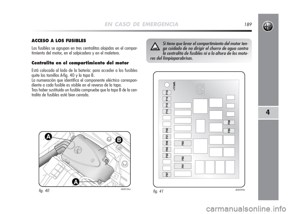Alfa Romeo MiTo 2010  Manual de Empleo y Cuidado (in Spanish) EN CASO DE EMERGENCIA189
4
fig. 41A0J0204m
Si tiene que lavar el compartimiento del motor ten-
ga cuidado de no dirigir el chorro de agua contra
la centralita de fusibles ni a la altura de los moto-
r