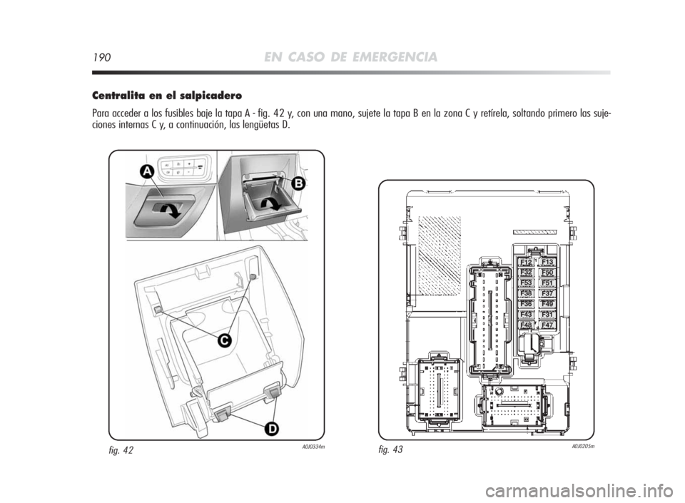 Alfa Romeo MiTo 2010 Manual de Empleo y Cuidado (in Spanish) 190EN CASO DE EMERGENCIA
Centralitaen elsalpicadero
Para acceder a los fusibles baje la tapa A - fig. 42 y, con una mano, sujete la tapa B en la zona C y retírela, soltando primero las suje-
ciones i Alfa Romeo MiTo 2010 Manual de Empleo y Cuidado (in Spanish) 190EN CASO DE EMERGENCIA
Centralitaen elsalpicadero
Para acceder a los fusibles baje la tapa A - fig. 42 y, con una mano, sujete la tapa B en la zona C y retírela, soltando primero las suje-
ciones i