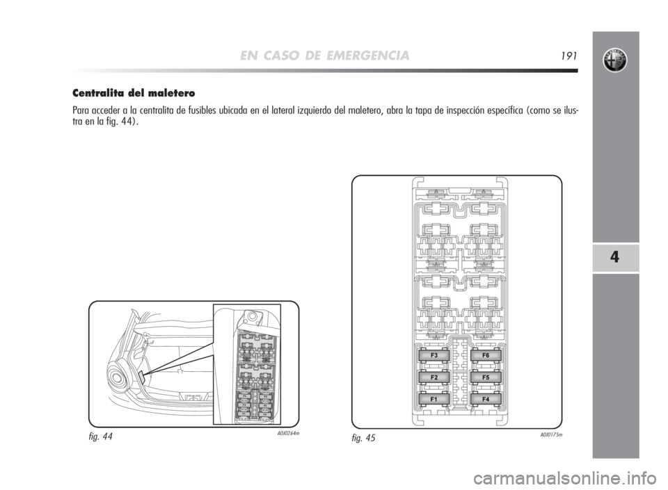 Alfa Romeo MiTo 2010 Manual de Empleo y Cuidado (in Spanish) EN CASO DE EMERGENCIA191
4
Centralitadel maletero
Para acceder a la centralita de fusibles ubicada en el lateral izquierdo del maletero, abra la tapa de inspección específica (como se ilus-
tra en l Alfa Romeo MiTo 2010 Manual de Empleo y Cuidado (in Spanish) EN CASO DE EMERGENCIA191
4
Centralitadel maletero
Para acceder a la centralita de fusibles ubicada en el lateral izquierdo del maletero, abra la tapa de inspección específica (como se ilus-
tra en l