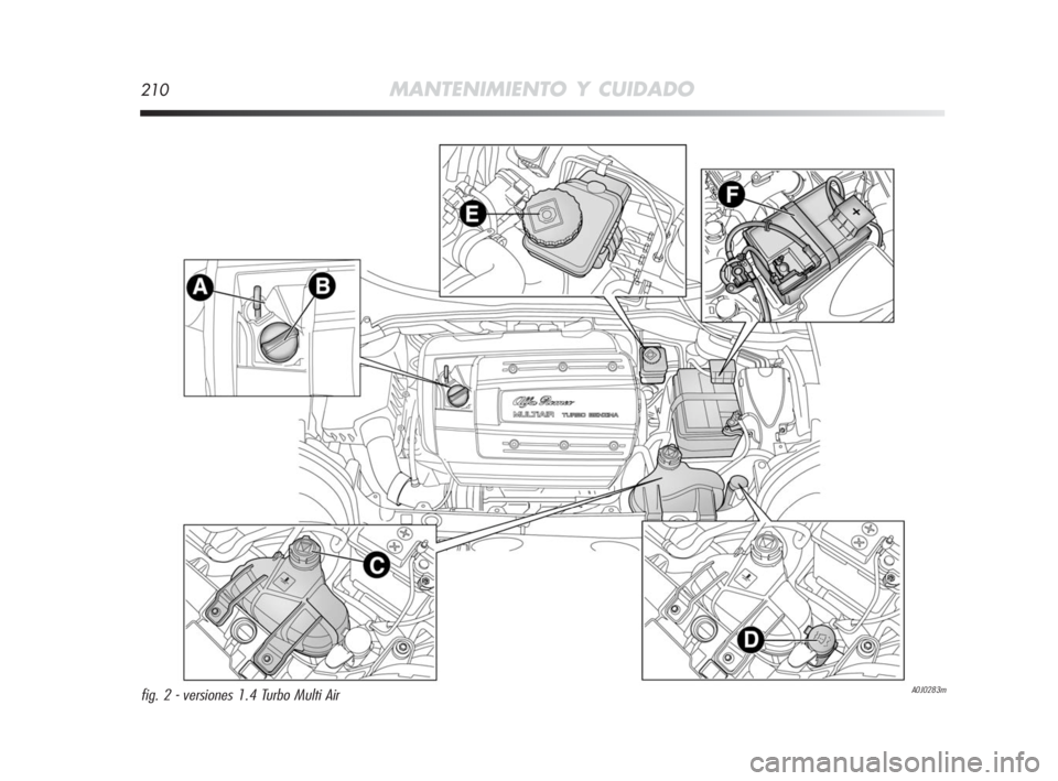 Alfa Romeo MiTo 2010  Manual de Empleo y Cuidado (in Spanish) 210MANTENIMIENTO Y CUIDADO
A0J0283mfig. 2 - versiones 1.4 Turbo Multi Air
201-226 Alfa MiTo E 2ed:201-226 Alfa MiTo E  27-01-2010  11:44  Pagina 210 