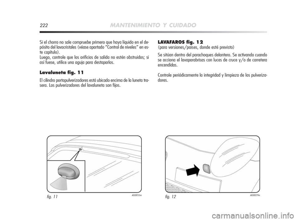 Alfa Romeo MiTo 2010 Manual de Empleo y Cuidado (in Spanish) 222MANTENIMIENTO Y CUIDADO
Si el chorro no sale compruebe primero que haya líquido en el de-
pósito del lavacristales (véase apartado “Control de niveles” en es-
te capítulo).
Luego, controle Alfa Romeo MiTo 2010 Manual de Empleo y Cuidado (in Spanish) 222MANTENIMIENTO Y CUIDADO
Si el chorro no sale compruebe primero que haya líquido en el de-
pósito del lavacristales (véase apartado “Control de niveles” en es-
te capítulo).
Luego, controle