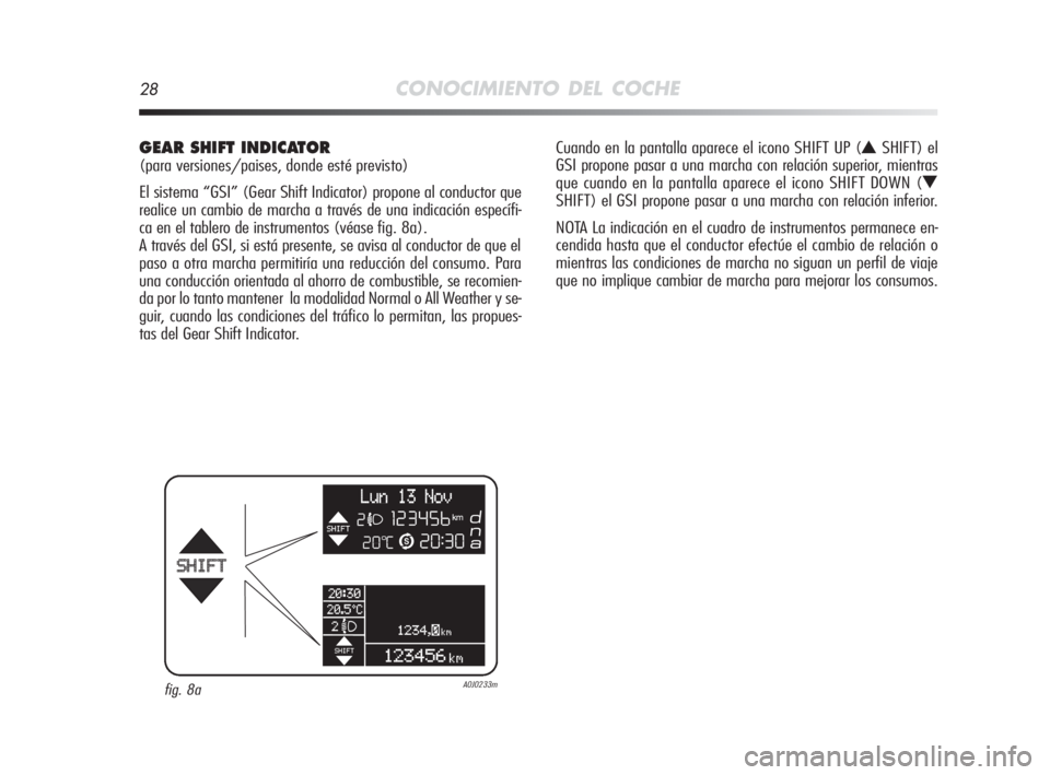 Alfa Romeo MiTo 2010  Manual de Empleo y Cuidado (in Spanish) 28CONOCIMIENTO DEL COCHE
GEAR SHIFT INDICATOR 
(para versiones/paises, donde esté previsto)
El sistema “GSI” (Gear Shift Indicator) propone al conductor que
realice un cambio de marcha a través 