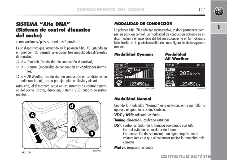 Alfa Romeo MiTo 2011  Manual de Empleo y Cuidado (in Spanish) CONOCIMIENTO DEL COCHE111
1SISTEMA “Alfa DNA”
(Sistema de control dinámico 
del coche)
(para versiones/paises, donde esté previsto)
Es un dispositivo que, actuando en la palanca A-fig. 70 (situa