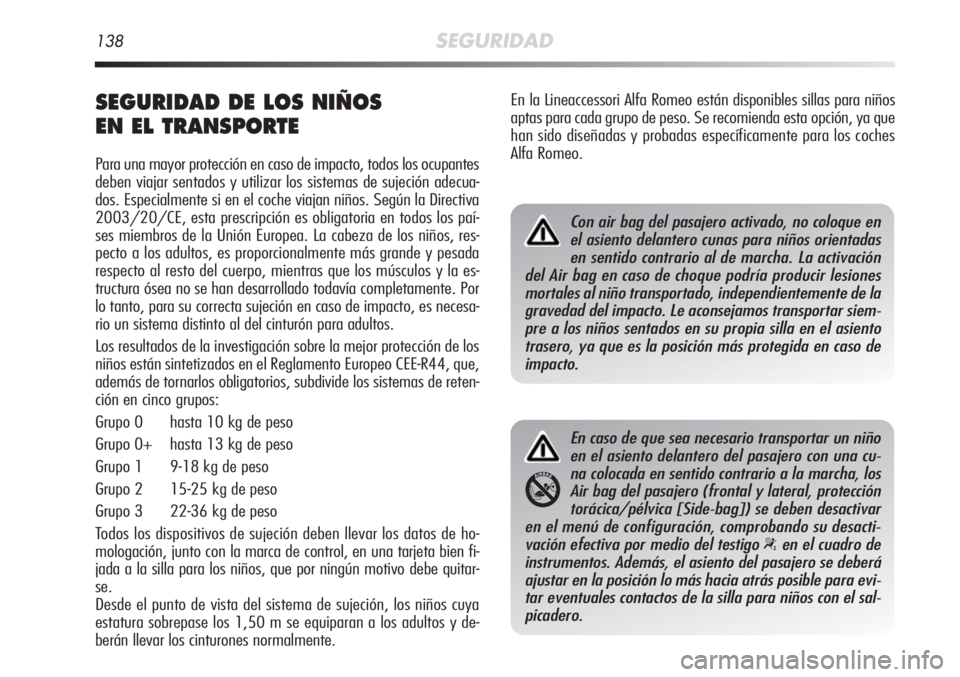 Alfa Romeo MiTo 2011 Manual de Empleo y Cuidado (in Spanish) 138SEGURIDAD
SEGURIDAD DE LOS NIÑOS
EN EL TRANSPORTE
Para una mayor protección en caso de impacto, todos los ocupantes
deben viajar sentados y utilizar los sistemas de sujeción adecua-
dos. Especi Alfa Romeo MiTo 2011 Manual de Empleo y Cuidado (in Spanish) 138SEGURIDAD
SEGURIDAD DE LOS NIÑOS
EN EL TRANSPORTE
Para una mayor protección en caso de impacto, todos los ocupantes
deben viajar sentados y utilizar los sistemas de sujeción adecua-
dos. Especi