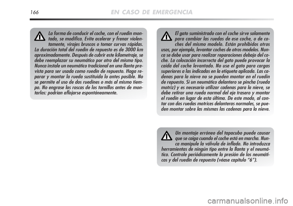 Alfa Romeo MiTo 2011 Manual de Empleo y Cuidado (in Spanish) 166EN CASO DE EMERGENCIA
El gato suministrado con el coche sirve solamente
para cambiar las ruedas de ese coche, o de co-
ches del mismo modelo. Están prohibidos otros
usos, por ejemplo, levantar coc Alfa Romeo MiTo 2011 Manual de Empleo y Cuidado (in Spanish) 166EN CASO DE EMERGENCIA
El gato suministrado con el coche sirve solamente
para cambiar las ruedas de ese coche, o de co-
ches del mismo modelo. Están prohibidos otros
usos, por ejemplo, levantar coc