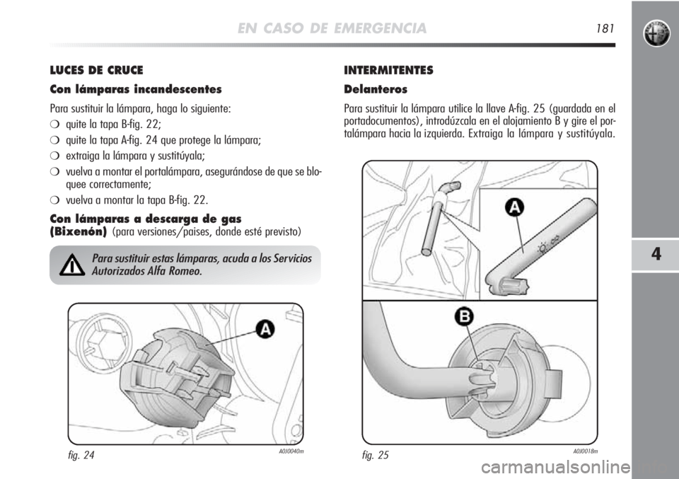 Alfa Romeo MiTo 2011 Manual de Empleo y Cuidado (in Spanish) EN CASO DE EMERGENCIA181
4
LUCESDECRUCE
Con lámparas incandescentes
Para sustituir la lámpara, haga lo siguiente:
❍quite la tapa B-fig. 22;
❍quite la tapa A-fig. 24 que protege la lámpara;
❍e Alfa Romeo MiTo 2011 Manual de Empleo y Cuidado (in Spanish) EN CASO DE EMERGENCIA181
4
LUCESDECRUCE
Con lámparas incandescentes
Para sustituir la lámpara, haga lo siguiente:
❍quite la tapa B-fig. 22;
❍quite la tapa A-fig. 24 que protege la lámpara;
❍e