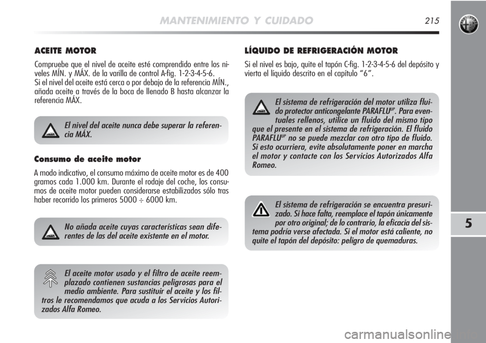 Alfa Romeo MiTo 2011 Manual de Empleo y Cuidado (in Spanish) MANTENIMIENTO Y CUIDADO215
5
ACEITE MOTOR
Compruebe que el nivel de aceite esté comprendido entre los ni-
veles MÍN. y MÁX. de la varilla de control A-fig. 1-2-3-4-5-6.
Si el nivel del aceite est Alfa Romeo MiTo 2011 Manual de Empleo y Cuidado (in Spanish) MANTENIMIENTO Y CUIDADO215
5
ACEITE MOTOR
Compruebe que el nivel de aceite esté comprendido entre los ni-
veles MÍN. y MÁX. de la varilla de control A-fig. 1-2-3-4-5-6.
Si el nivel del aceite est