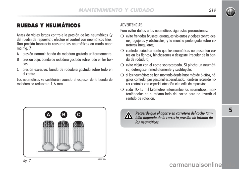 Alfa Romeo MiTo 2011 Manual de Empleo y Cuidado (in Spanish) MANTENIMIENTO Y CUIDADO219
5
RUEDAS Y NEUMÁTICOS
Antes de viajes largos controle la presión de los neumáticos (y
del ruedín de repuesto); efectúe el control con neumáticos fríos.
Una presión i Alfa Romeo MiTo 2011 Manual de Empleo y Cuidado (in Spanish) MANTENIMIENTO Y CUIDADO219
5
RUEDAS Y NEUMÁTICOS
Antes de viajes largos controle la presión de los neumáticos (y
del ruedín de repuesto); efectúe el control con neumáticos fríos.
Una presión i