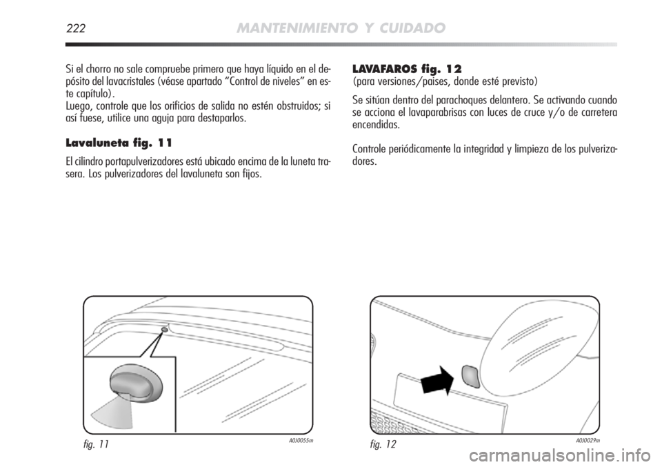 Alfa Romeo MiTo 2011 Manual de Empleo y Cuidado (in Spanish) 222MANTENIMIENTO Y CUIDADO
Si el chorro no sale compruebe primero que haya líquido en el de-
pósito del lavacristales (véase apartado “Control de niveles” en es-
te capítulo).
Luego, controle Alfa Romeo MiTo 2011 Manual de Empleo y Cuidado (in Spanish) 222MANTENIMIENTO Y CUIDADO
Si el chorro no sale compruebe primero que haya líquido en el de-
pósito del lavacristales (véase apartado “Control de niveles” en es-
te capítulo).
Luego, controle