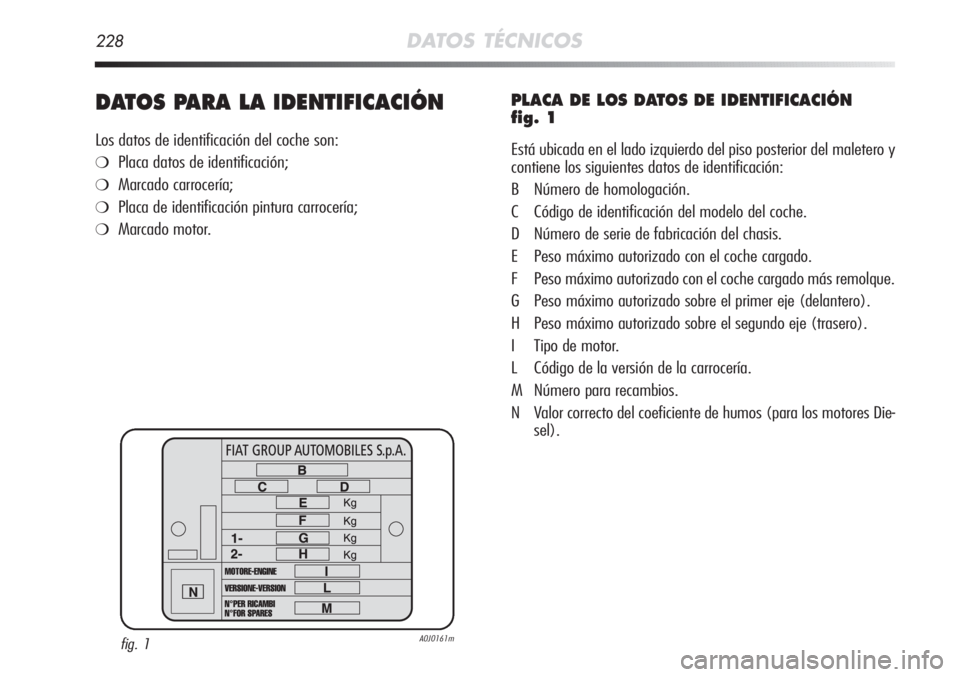Alfa Romeo MiTo 2011 Manual de Empleo y Cuidado (in Spanish) 228DATOS TÉCNICOS
DATOS PARA LA IDENTIFICACIÓN
Los datos de identificación del coche son:
❍Placa datos de identificación;
❍Marcado carrocería;
❍Placa de identificación pintura carrocería; Alfa Romeo MiTo 2011 Manual de Empleo y Cuidado (in Spanish) 228DATOS TÉCNICOS
DATOS PARA LA IDENTIFICACIÓN
Los datos de identificación del coche son:
❍Placa datos de identificación;
❍Marcado carrocería;
❍Placa de identificación pintura carrocería;