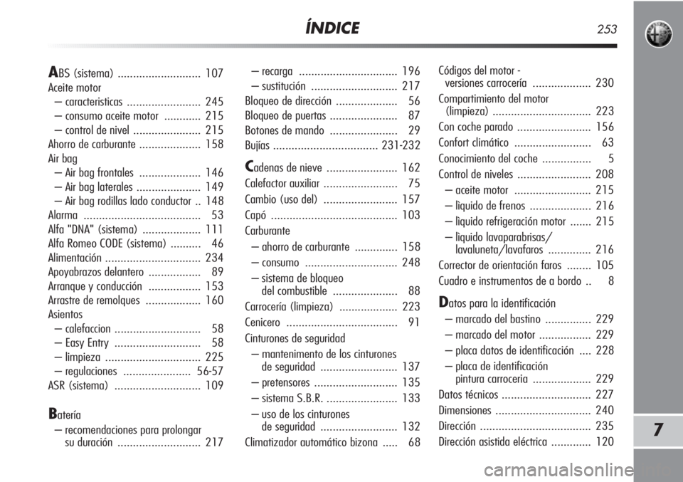 Alfa Romeo MiTo 2011  Manual de Empleo y Cuidado (in Spanish) ÍNDICE253
7
– recarga  ................................ 196
– sustitución ............................ 217
Bloqueo de dirección .................... 56
Bloqueo de puertas...................... 