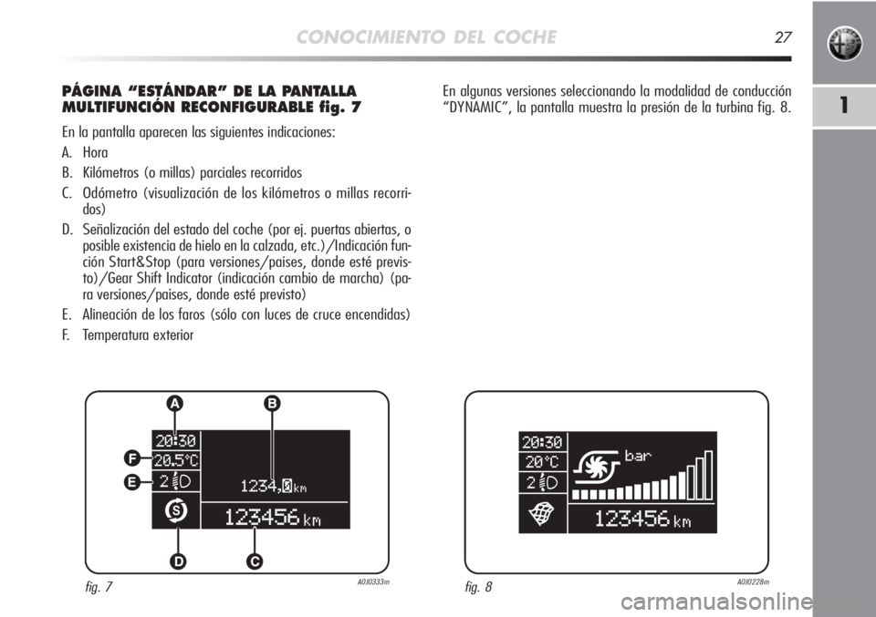 Alfa Romeo MiTo 2012  Manual de Empleo y Cuidado (in Spanish) CONOCIMIENTO DEL COCHE27
1
PÁGINA “ESTÁNDAR” DE LA PANTALLA
MULTIFUNCIÓN RECONFIGURABLE fig. 7
En la pantalla aparecen las siguientes indicaciones:
A. Hora
B. Kilómetros (o millas) parciales r