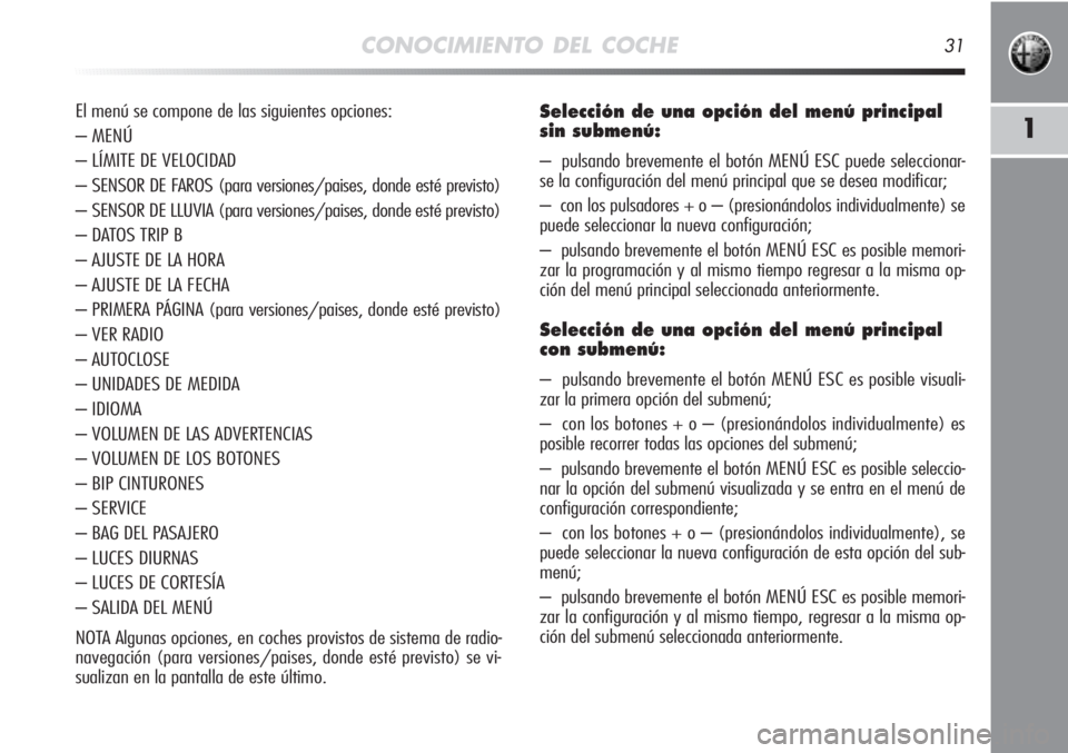 Alfa Romeo MiTo 2012  Manual de Empleo y Cuidado (in Spanish) CONOCIMIENTO DEL COCHE31
1
El menú se compone de las siguientes opciones:
– MENÚ
– LÍMITE DE VELOCIDAD
– SENSOR DE FAROS (para versiones/paises, donde esté previsto)
– SENSOR DE LLUVIA (pa