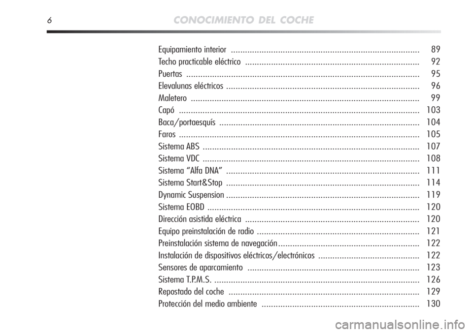 Alfa Romeo MiTo 2012  Manual de Empleo y Cuidado (in Spanish) 6CONOCIMIENTO DEL COCHE
Equipamiento interior ................................................................................ 89
Techo practicable eléctrico .........................................
