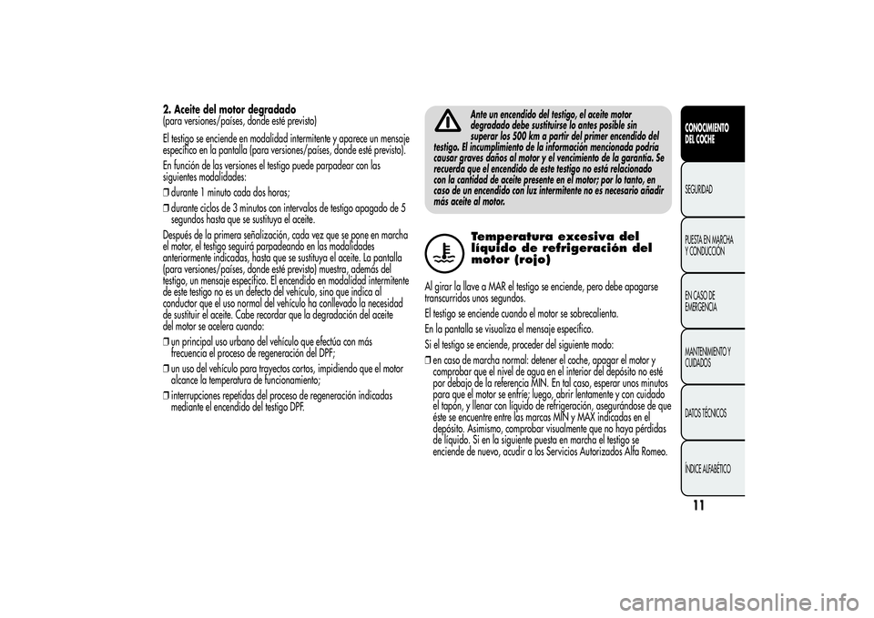 Alfa Romeo MiTo 2013 Manual de Empleo y Cuidado (in Spanish) 2. Aceite del motor degradado
(para versiones/países, donde esté previsto)
El testigo se enciende en modalidad intermitente y aparece un mensaje
específico en la pantalla (para versiones/países, d Alfa Romeo MiTo 2013 Manual de Empleo y Cuidado (in Spanish) 2. Aceite del motor degradado
(para versiones/países, donde esté previsto)
El testigo se enciende en modalidad intermitente y aparece un mensaje
específico en la pantalla (para versiones/países, d