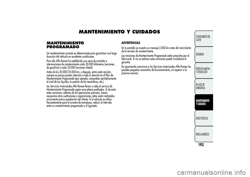 Alfa Romeo MiTo 2013 Manual de Empleo y Cuidado (in Spanish) MANTENIMIENTO Y CUIDADOS
MANTENIMIENTO
PROGRAMADOUn mantenimiento correcto es determinante para garantizar una larga
duración del vehículo en excelentes condiciones.
Para ello Alfa Romeo ha establec Alfa Romeo MiTo 2013 Manual de Empleo y Cuidado (in Spanish) MANTENIMIENTO Y CUIDADOS
MANTENIMIENTO
PROGRAMADOUn mantenimiento correcto es determinante para garantizar una larga
duración del vehículo en excelentes condiciones.
Para ello Alfa Romeo ha establec