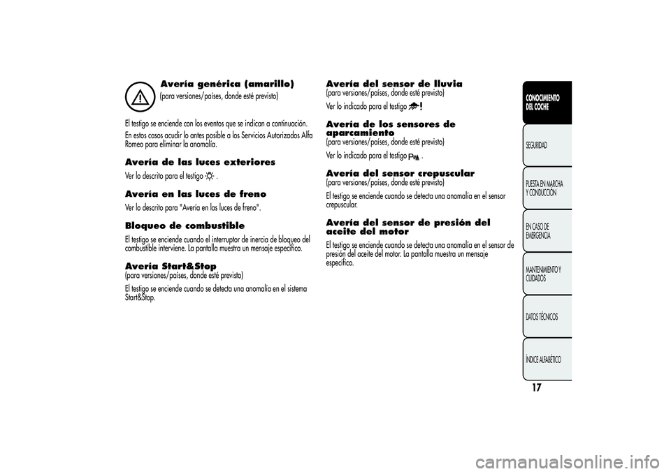 Alfa Romeo MiTo 2013 Manual de Empleo y Cuidado (in Spanish) Avería genérica (amarillo)(para versiones/países, donde esté previsto)
El testigo se enciende con los eventos que se indican a continuación.
En estos casos acudir lo antes posible a los Servicios Alfa Romeo MiTo 2013 Manual de Empleo y Cuidado (in Spanish) Avería genérica (amarillo)(para versiones/países, donde esté previsto)
El testigo se enciende con los eventos que se indican a continuación.
En estos casos acudir lo antes posible a los Servicios