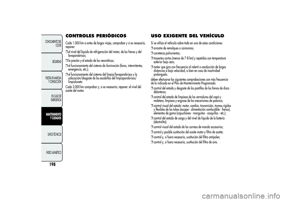 Alfa Romeo MiTo 2013 Manual de Empleo y Cuidado (in Spanish) CONTROLES PERIÓDICOSCada 1.000 km o antes de largos viajes, comprobar y si es necesario,
reponer:
❒el nivel del líquido de refrigeración del motor, de los frenos y del
lavaparabrisas;
❒la presi Alfa Romeo MiTo 2013 Manual de Empleo y Cuidado (in Spanish) CONTROLES PERIÓDICOSCada 1.000 km o antes de largos viajes, comprobar y si es necesario,
reponer:
❒el nivel del líquido de refrigeración del motor, de los frenos y del
lavaparabrisas;
❒la presi