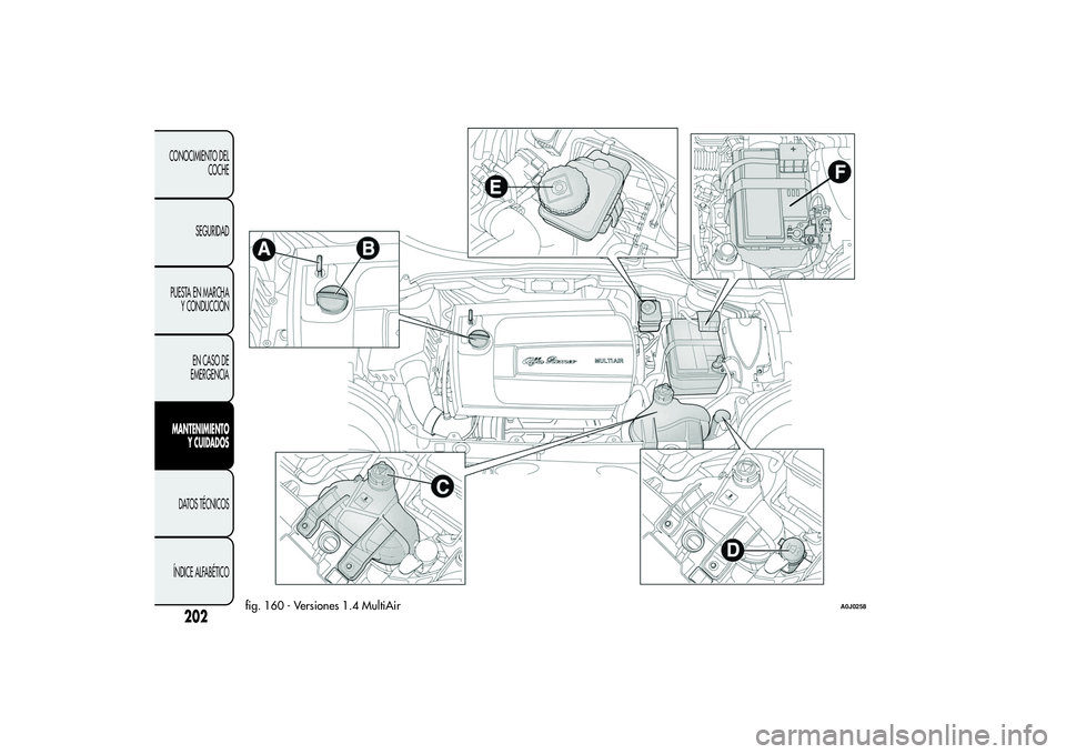Alfa Romeo MiTo 2013  Manual de Empleo y Cuidado (in Spanish) fig. 160 - Versiones 1.4 MultiAir
A0J0258
202
CONOCIMIENTO DEL
COCHE
SEGURIDAD
PUESTA EN MARCHA
Y CONDUCCIÓN
EN CASO DE
EMERGENCIAMANTENIMIENTO
Y CUIDADOSDATOS TÉCNICOS
ÍNDICE ALFABÉTICO 
