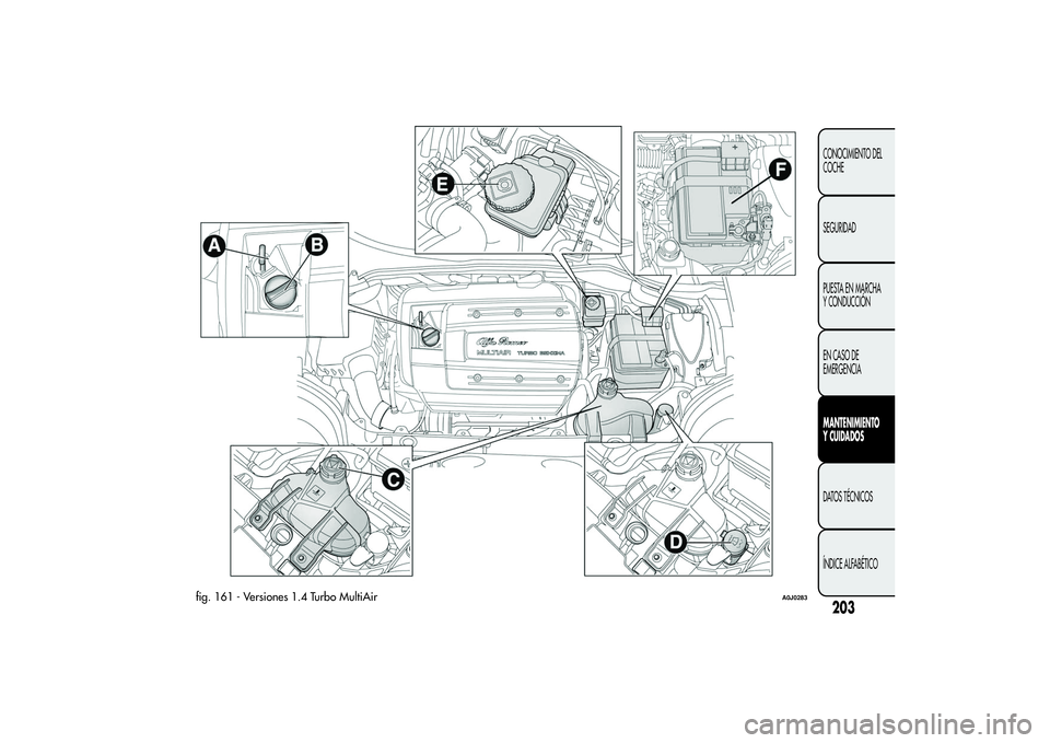 Alfa Romeo MiTo 2013  Manual de Empleo y Cuidado (in Spanish) fig. 161 - Versiones 1.4 Turbo MultiAir
A0J0283
203CONOCIMIENTO DEL
COCHE
SEGURIDAD
PUESTA EN MARCHA
Y CONDUCCIÓN
EN CASO DE
EMERGENCIAMANTENIMIENTO
Y CUIDADOSDATOS TÉCNICOS
ÍNDICE ALFABÉTICO 