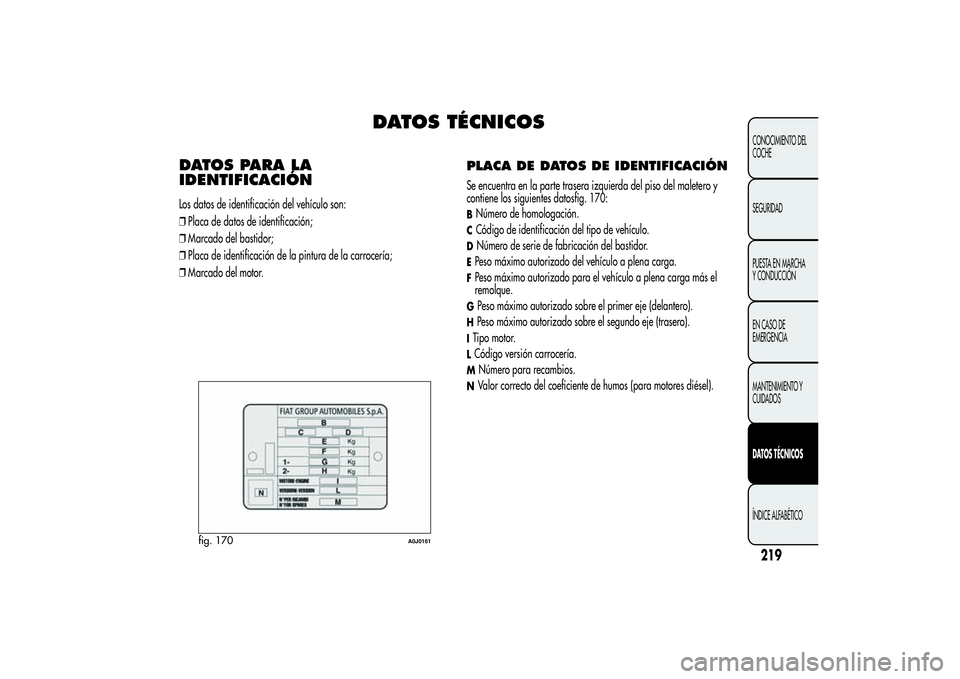 Alfa Romeo MiTo 2013 Manual de Empleo y Cuidado (in Spanish) DATOS TÉCNICOS
DATOS PARA LA
IDENTIFICACIÓNLos datos de identificación del vehículo son:
❒Placa de datos de identificación;
❒Marcado del bastidor;
❒Placa de identificación de la pintura de Alfa Romeo MiTo 2013 Manual de Empleo y Cuidado (in Spanish) DATOS TÉCNICOS
DATOS PARA LA
IDENTIFICACIÓNLos datos de identificación del vehículo son:
❒Placa de datos de identificación;
❒Marcado del bastidor;
❒Placa de identificación de la pintura de