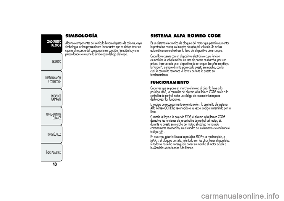 Alfa Romeo MiTo 2013 Manual de Empleo y Cuidado (in Spanish) SIMBOLOGÍAAlgunos componentes del vehículo llevan etiquetas de colores, cuya
simbología indica precauciones importantes que se deben tener en
cuenta al respecto del componente en cuestión. Tambié Alfa Romeo MiTo 2013 Manual de Empleo y Cuidado (in Spanish) SIMBOLOGÍAAlgunos componentes del vehículo llevan etiquetas de colores, cuya
simbología indica precauciones importantes que se deben tener en
cuenta al respecto del componente en cuestión. Tambié