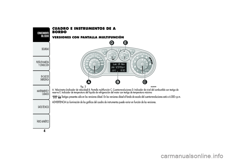 Alfa Romeo MiTo 2013  Manual de Empleo y Cuidado (in Spanish) CUADRO E INSTRUMENTOS DE A
BORDOVERSIONES CON PANTALLA MULTIFUNCIÓNA. Velocímetro (indicador de velocidad) B. Pantalla multifunción C. Cuentarrevoluciones D. Indicador de nivel del combustible con 