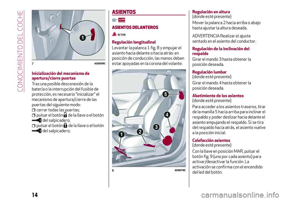 Alfa Romeo MiTo 2019  Manual de Empleo y Cuidado (in Spanish) Inicialización del mecanismo de
apertura/cierre puertas
Tras una posible desconexión de la
batería o la interrupción del fusible de
protección, es necesario "inicializar" el
mecanismo de 