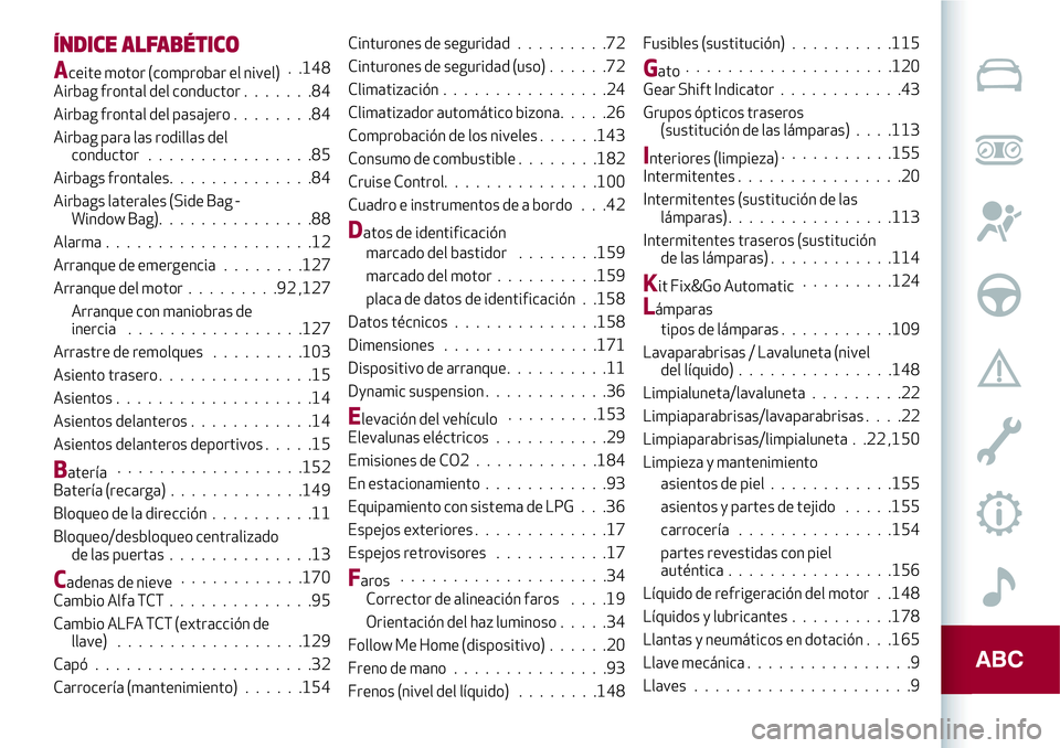 Alfa Romeo MiTo 2021  Manual de Empleo y Cuidado (in Spanish) ÍNDICE ALFABÉTICO
Aceite motor (comprobar el nivel). .148
Airbag frontal del conductor.......84
Airbag frontal del pasajero........84
Airbag para las rodillas del
conductor................85
Airbags