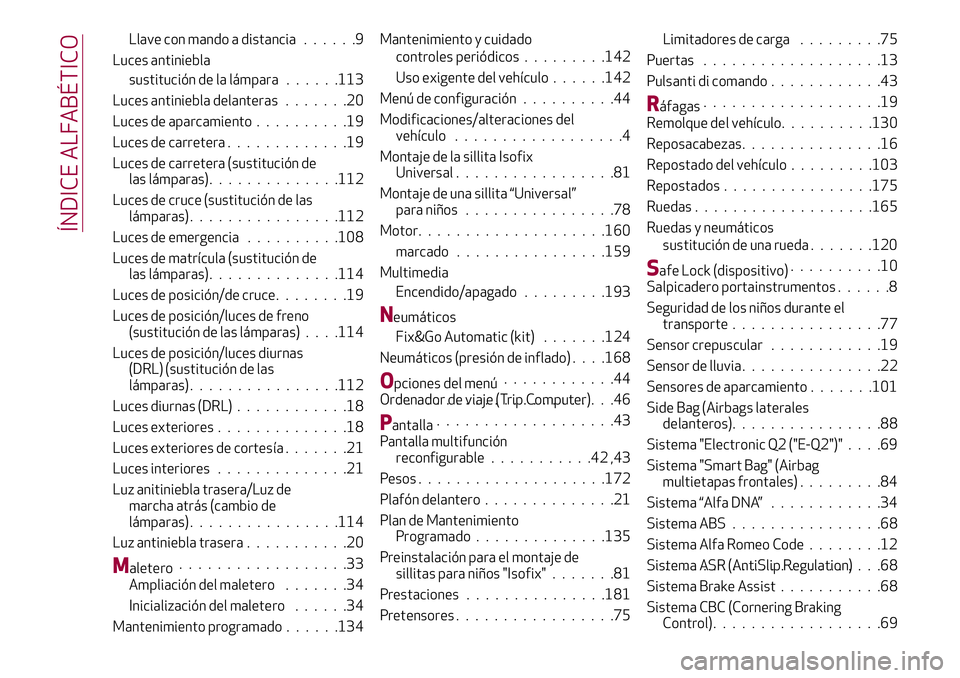 Alfa Romeo MiTo 2021  Manual de Empleo y Cuidado (in Spanish) Llave con mando a distancia......9
Luces antiniebla
sustitución de la lámpara......113
Luces antiniebla delanteras.......20
Luces de aparcamiento..........19
Luces de carretera.............19
Luces 