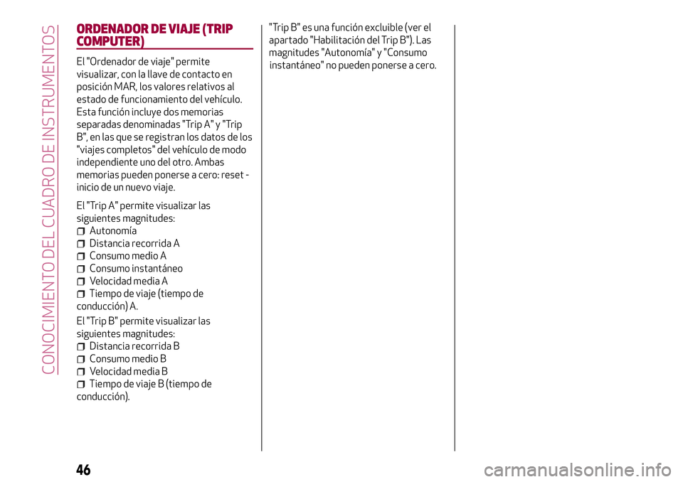 Alfa Romeo MiTo 2019 Manual de Empleo y Cuidado (in Spanish) ORDENADOR DE VIAJE (TRIP
COMPUTER)
El "Ordenador de viaje" permite
visualizar, con la llave de contacto en
posición MAR, los valores relativos al
estado de funcionamiento del vehículo.
Esta Alfa Romeo MiTo 2019 Manual de Empleo y Cuidado (in Spanish) ORDENADOR DE VIAJE (TRIP
COMPUTER)
El "Ordenador de viaje" permite
visualizar, con la llave de contacto en
posición MAR, los valores relativos al
estado de funcionamiento del vehículo.
Esta
