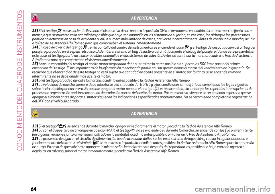 Alfa Romeo MiTo 2021 Manual de Empleo y Cuidado (in Spanish) ADVERTENCIA
23)Si el testigono se enciende llevando el dispositivo de arranque a la posición ON o si permanece encendido durante la marcha (junto con el
mensaje que se muestra en la pantalla) es posi Alfa Romeo MiTo 2021 Manual de Empleo y Cuidado (in Spanish) ADVERTENCIA
23)Si el testigono se enciende llevando el dispositivo de arranque a la posición ON o si permanece encendido durante la marcha (junto con el
mensaje que se muestra en la pantalla) es posi
