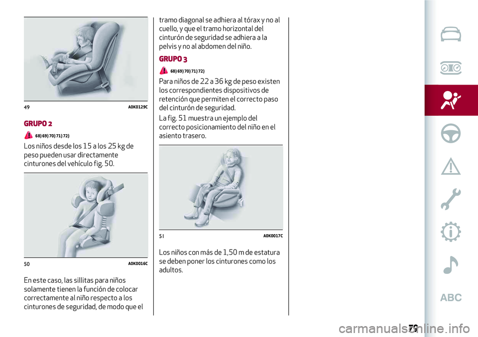 Alfa Romeo MiTo 2021  Manual de Empleo y Cuidado (in Spanish) GRUPO 2
68) 69) 70) 71) 72)
Los niños desde los 15 a los 25 kg de
peso pueden usar directamente
cinturones del vehículo fig. 50.
En este caso, las sillitas para niños
solamente tienen la función d