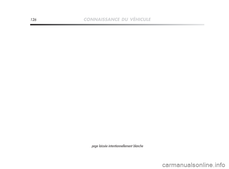 Alfa Romeo MiTo 2008 Notice dentretien (in French) 126CONNAISSANCE DU VÉHICULE
page laissée intentionnellement blanche
001-126 Alfa MiTo FR 11-06-2008 9:53 Pagina 126 Alfa Romeo MiTo 2008 Notice dentretien (in French) 126CONNAISSANCE DU VÉHICULE
page laissée intentionnellement blanche
001-126 Alfa MiTo FR 11-06-2008 9:53 Pagina 126
