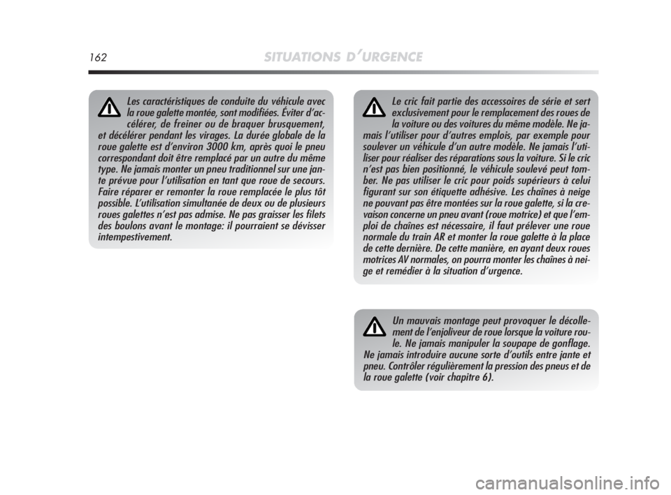 Alfa Romeo MiTo 2008 Notice dentretien (in French) 162SITUATIONS D’URGENCE
Le cric fait partie des accessoires de série et sert
exclusivement pour le remplacement des roues de
la voiture ou des voitures du même modèle. Ne ja-
mais l’utiliser po Alfa Romeo MiTo 2008 Notice dentretien (in French) 162SITUATIONS D’URGENCE
Le cric fait partie des accessoires de série et sert
exclusivement pour le remplacement des roues de
la voiture ou des voitures du même modèle. Ne ja-
mais l’utiliser po