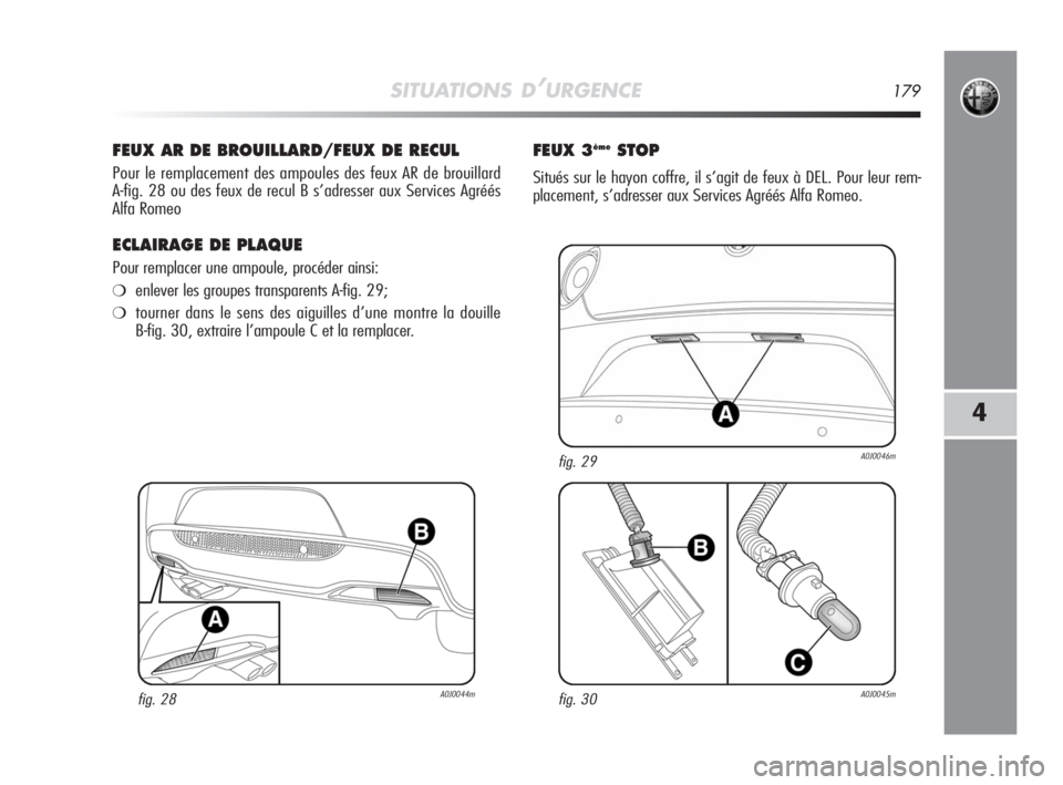 Alfa Romeo MiTo 2008 Notice dentretien (in French) SITUATIONS D’URGENCE179
4
FEUX AR DE BROUILLARD/FEUX DE RECUL
Pour le remplacement des ampoules des feux AR de brouillard
A-fig. 28 ou des feux de recul B s’adresser aux Services Agréés
Alfa Ro Alfa Romeo MiTo 2008 Notice dentretien (in French) SITUATIONS D’URGENCE179
4
FEUX AR DE BROUILLARD/FEUX DE RECUL
Pour le remplacement des ampoules des feux AR de brouillard
A-fig. 28 ou des feux de recul B s’adresser aux Services Agréés
Alfa Ro