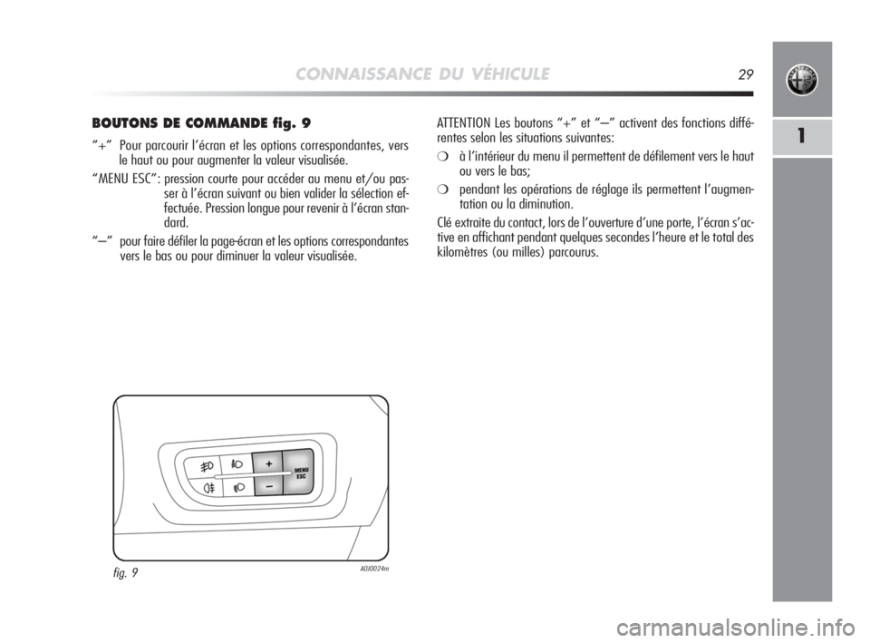 Alfa Romeo MiTo 2008 Notice dentretien (in French) CONNAISSANCE DU VÉHICULE29
1
BOUTONS DE COMMANDE fig. 9
“+” Pour parcourir l’écran et les options correspondantes, vers
le haut ou pour augmenter la valeur visualisée.
“MENU ESC”: pressi Alfa Romeo MiTo 2008 Notice dentretien (in French) CONNAISSANCE DU VÉHICULE29
1
BOUTONS DE COMMANDE fig. 9
“+” Pour parcourir l’écran et les options correspondantes, vers
le haut ou pour augmenter la valeur visualisée.
“MENU ESC”: pressi