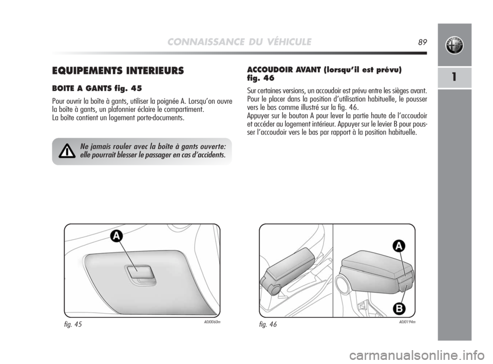 Alfa Romeo MiTo 2008  Notice dentretien (in French) CONNAISSANCE DU VÉHICULE89
11EQUIPEMENTS INTERIEURS
BOITE A GANTS fig. 45
Pour ouvrir la boîte à gants, utiliser la poignée A. Lorsqu’on ouvre
la boîte à gants, un plafonnier éclaire le compa