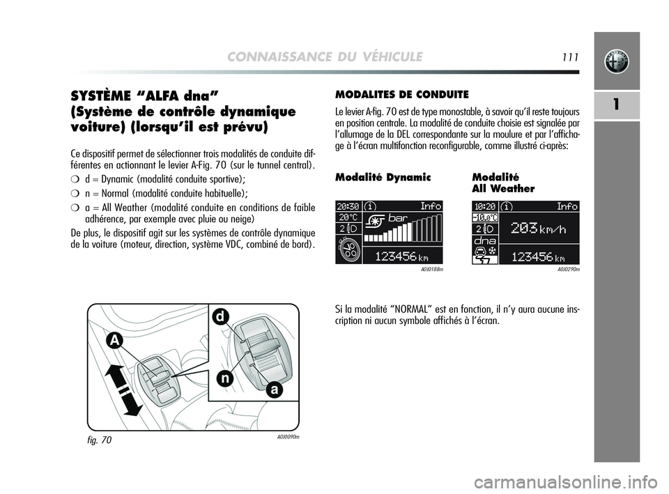 Alfa Romeo MiTo 2009  Notice dentretien (in French) CONNAISSANCE DU VÉHICULE111
1SYSTÈME “ALFA dna”
(Système de contrôle dynamique
voiture) (lorsqu’il est prévu)
Ce dispositif permet de sélectionner trois modalités de conduite dif-
férent