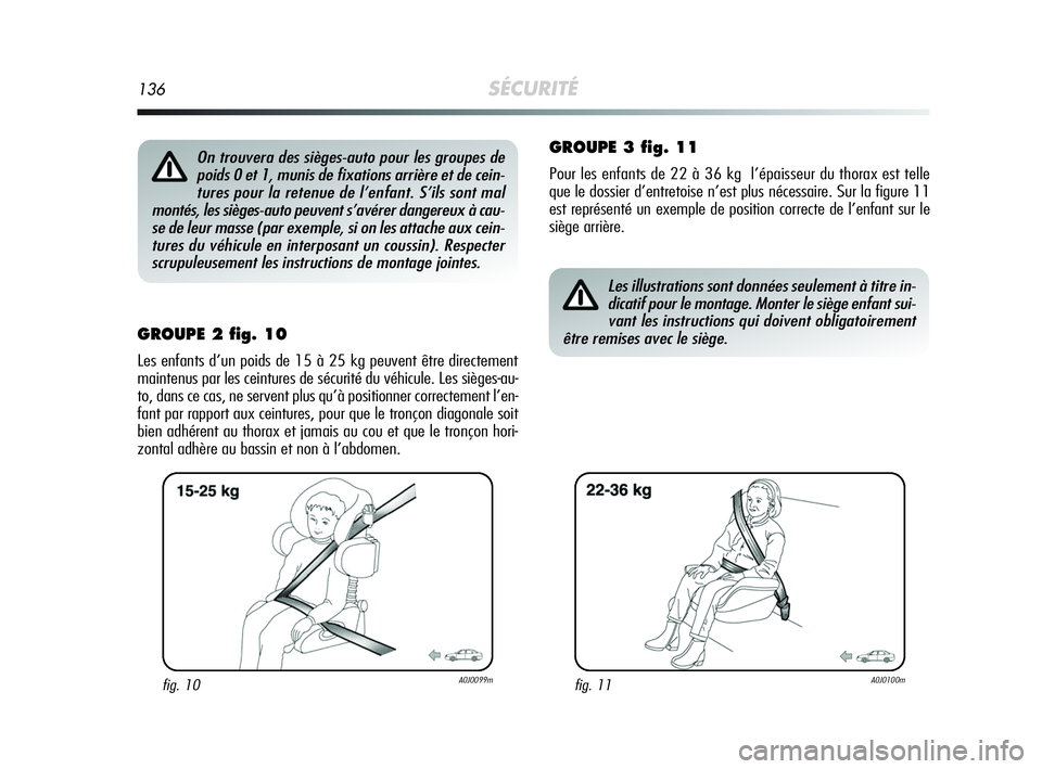 Alfa Romeo MiTo 2009  Notice dentretien (in French) 136SÉCURITÉ
GROUPE 2 fig. 10
Les enfants d’un poids de 15 à 25 kg peuvent être directement
maintenus par les ceintures de sécurité du véhicule. Les sièges-au-
to, dans ce cas, ne servent plu