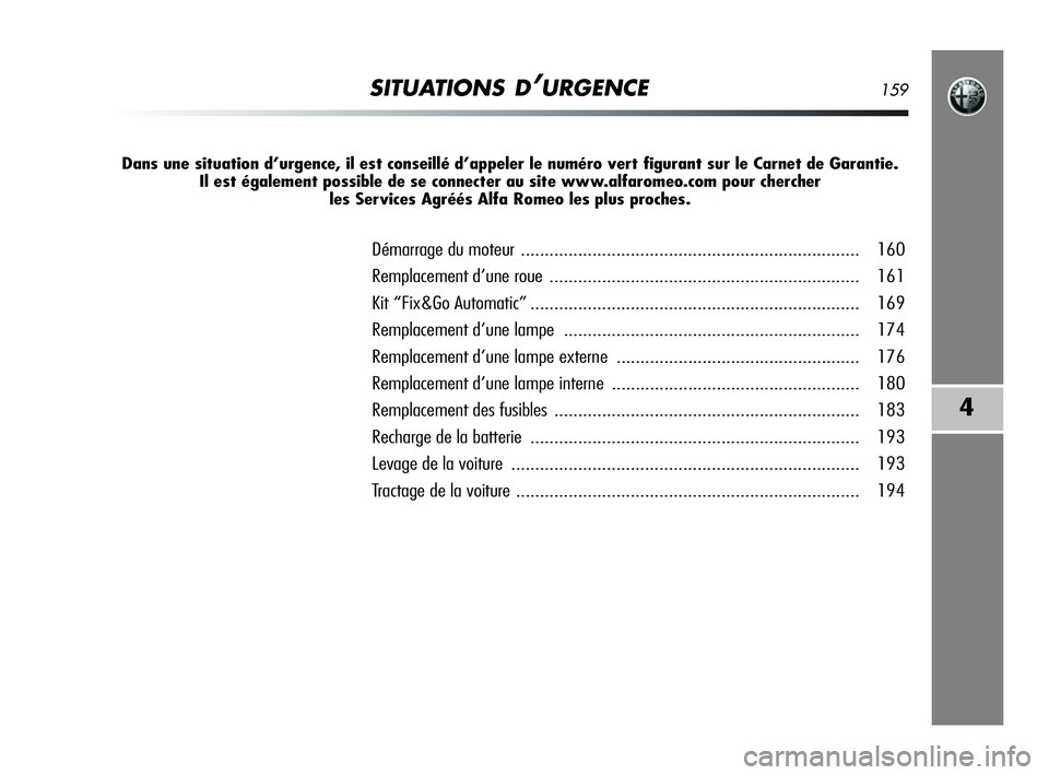 Alfa Romeo MiTo 2009  Notice dentretien (in French) SITUATIONS D’URGENCE159
4
Dans une situation d’urgence, il est conseillé d’appeler le numéro vert figurant sur le Carnet de Garantie. 
Il est également possible de se connecter au site www.al