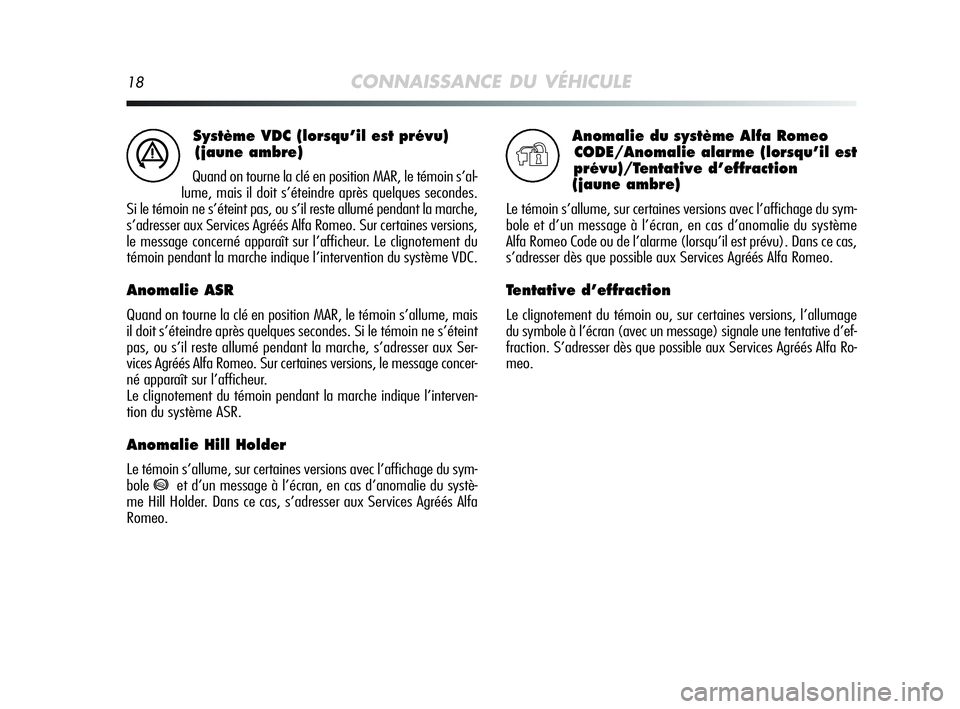 Alfa Romeo MiTo 2009  Notice dentretien (in French) 18CONNAISSANCE DU VÉHICULE
Système VDC (lorsqu’il est prévu) 
(jaune ambre)
Quand on tourne la clé en position MAR, le témoin s’al-
lume, mais il doit s’éteindre après quelques secondes.
