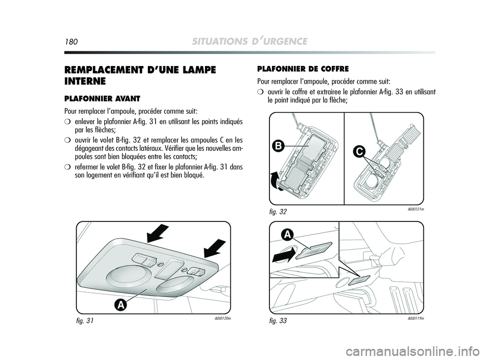 Alfa Romeo MiTo 2009  Notice dentretien (in French) 180SITUATIONS D’URGENCE
REMPLACEMENT D’UNE LAMPE
INTERNE
PLAFONNIER AVANT
Pour remplacer l’ampoule, procéder comme suit:
❍enlever le plafonnier A-fig. 31 en utilisant les points indiqués
par