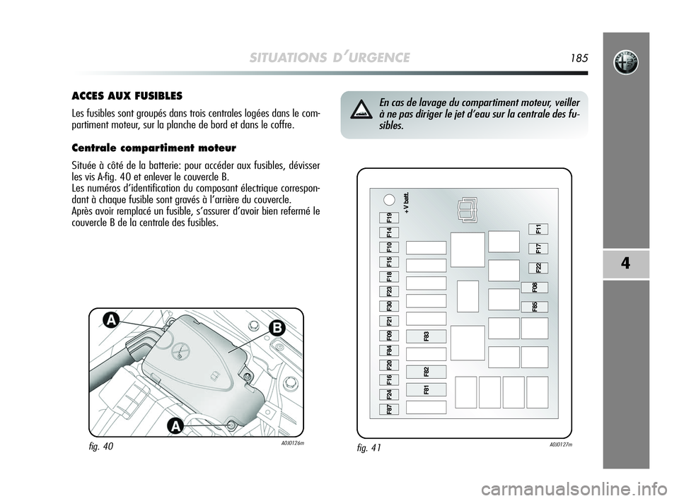 Alfa Romeo MiTo 2009  Notice dentretien (in French) SITUATIONS D’URGENCE185
4
fig. 41A0J0127m
En cas de lavage du compartiment moteur, veiller
à ne pas diriger le jet d’eau sur la centrale des fu-
sibles.ACCES AUX FUSIBLES
Les fusibles sont group