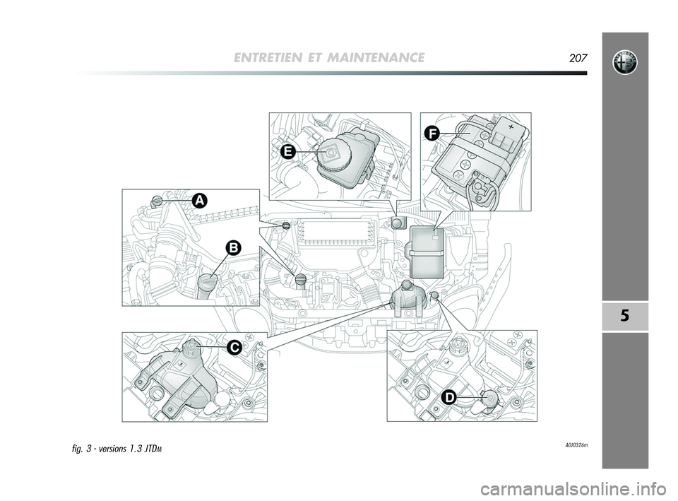 Alfa Romeo MiTo 2009  Notice dentretien (in French) ENTRETIEN ET MAINTENANCE207
5
A0J0326mfig. 3 - versions 1.3 JTDM
197-220 Alfa MiTo FR  12-11-2008  15:31  Pagina 207 